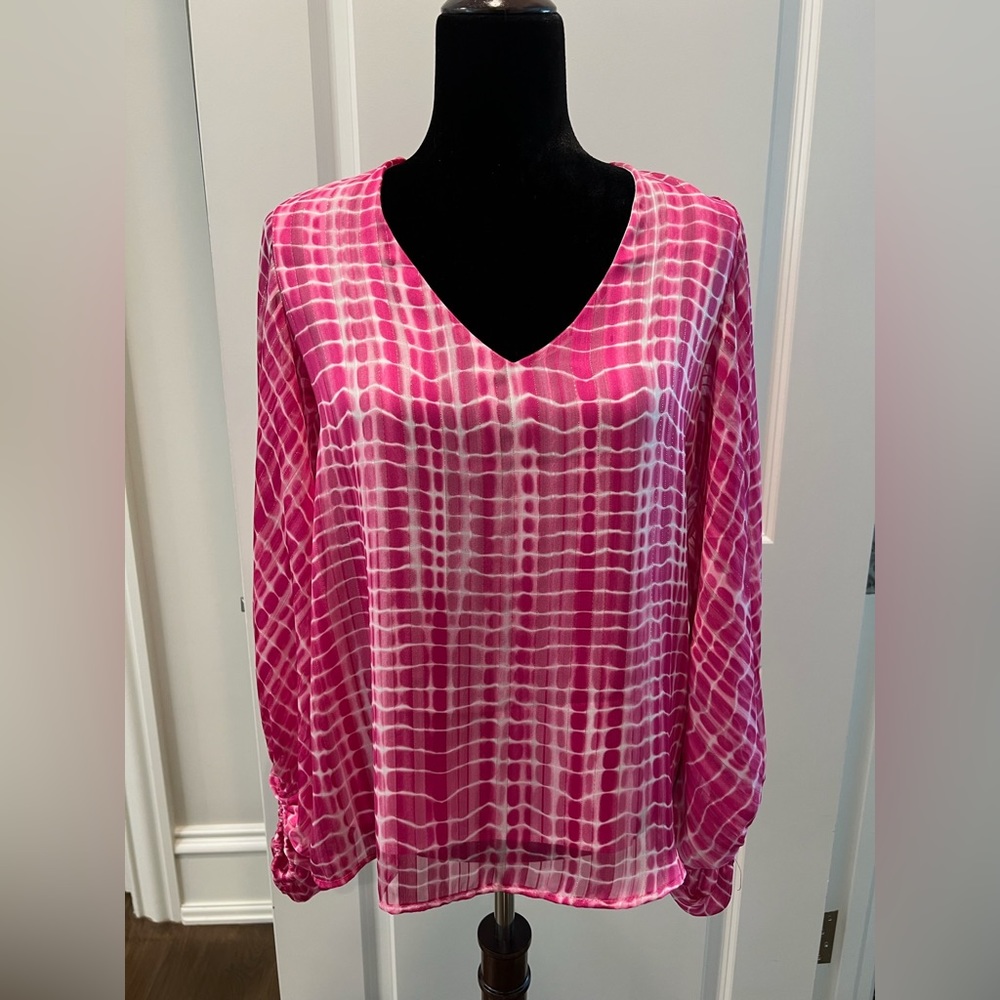 Pink and white balloon sleeve blouse